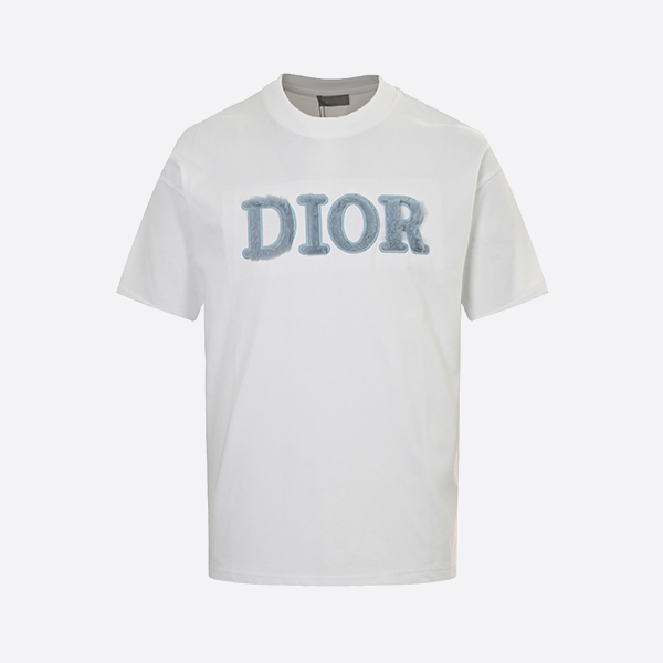 Dior 25ss blue flocked letter embroidered short sleeve